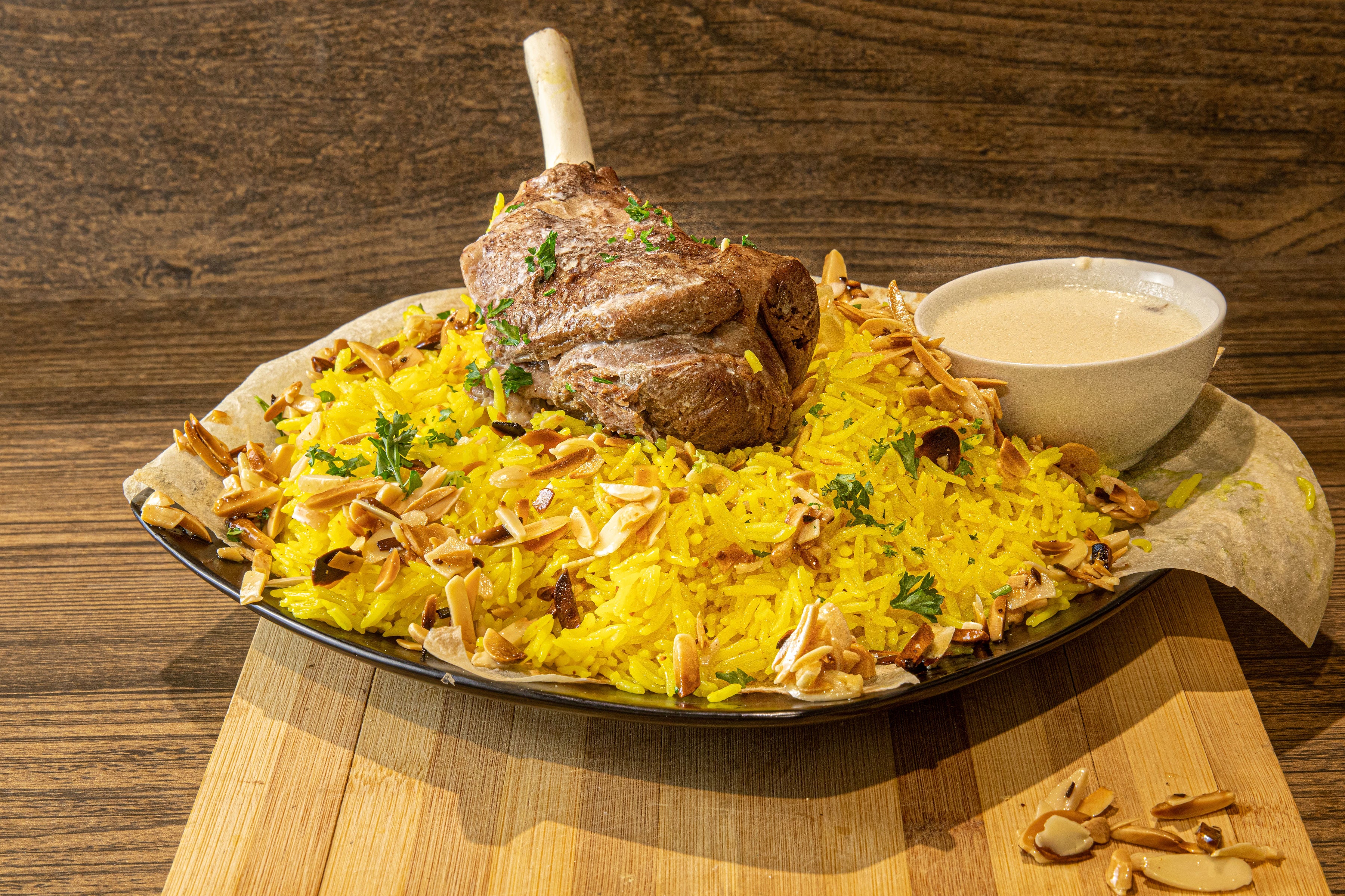 Lamb thigh served with rice